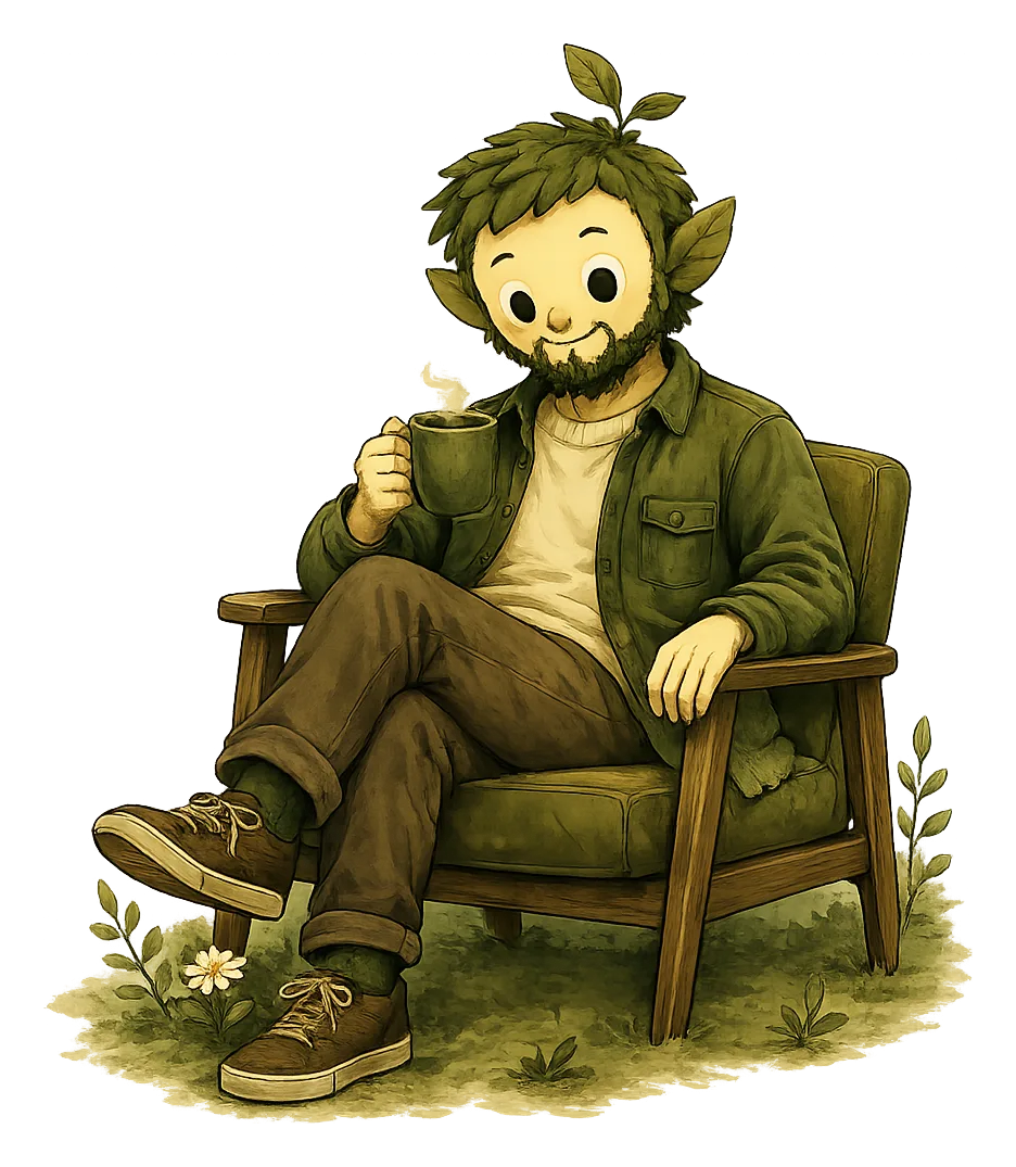 Mossi, Kinvora's companion, grown up — sitting in a chair with a cup of tea