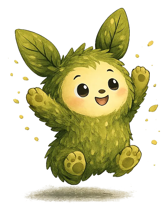 Mossi, Kinvora's leafy green companion, arms up with delight